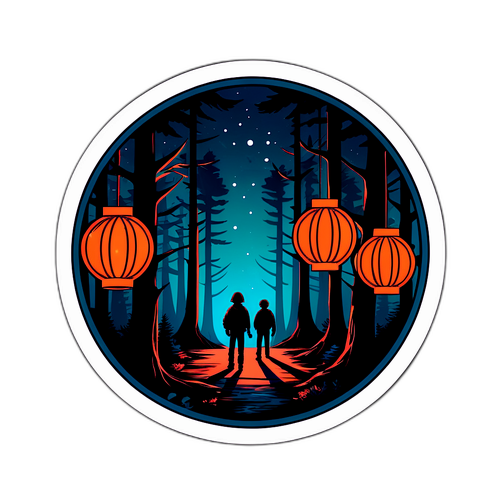 Наклейка с логотипом Stranger Things в окружении темных лесов и фонарей