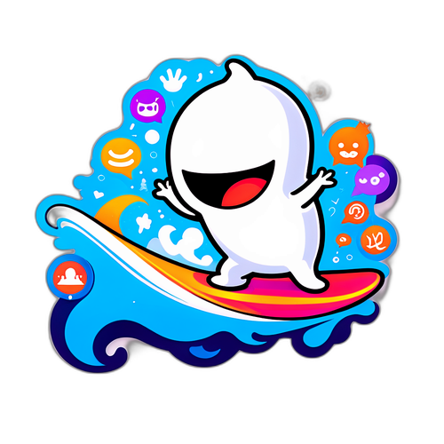 Vibrante afbeelding van Snoo die surft op een golf van sociale media-iconen