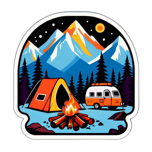 Retro Alaska-illustration med camper och lägereld
