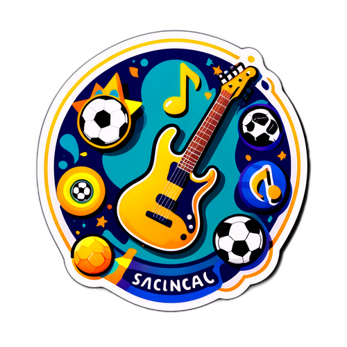 מדבקה שמתארת את מהות יום המשחק עם אלמנטים מוזיקליים וספורטיביים