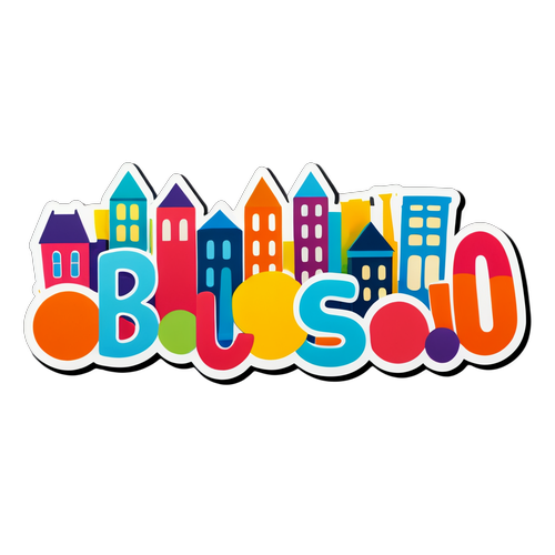 Sticker van het woord 'Boussu' met kleurrijke gebouwen