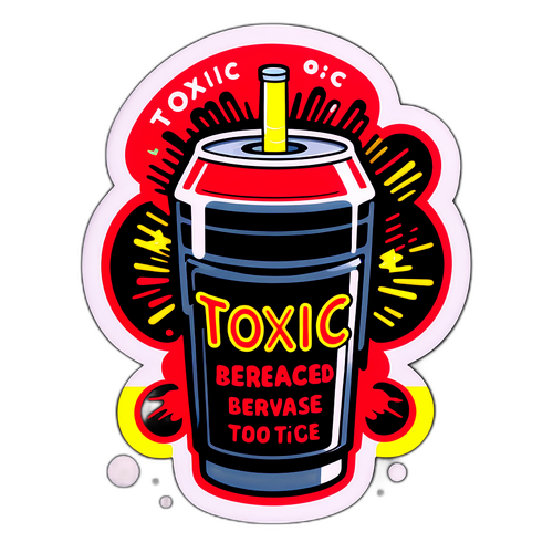 중독성 음료와 유독한 문구가 있는 스티커