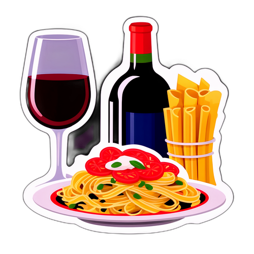 Pasta Italiană servită cu un pahar de vin