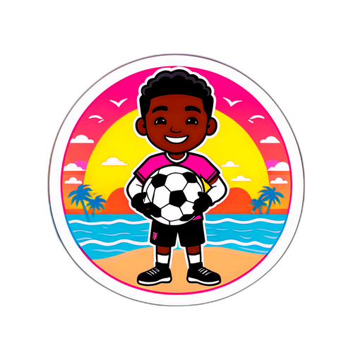 ビーチでサッカーボールを持つキャラクター
