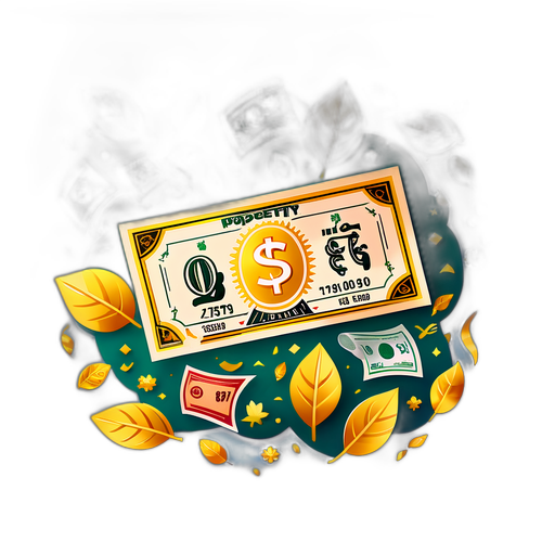 Arte de um bilhete de loteria com símbolos de prosperidade