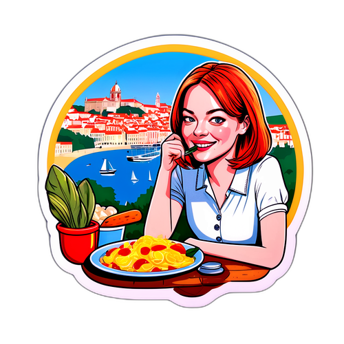 Tee tarra, jossa Emma Stone nauttii Lissabonin herkullisia paikallisia ruokia