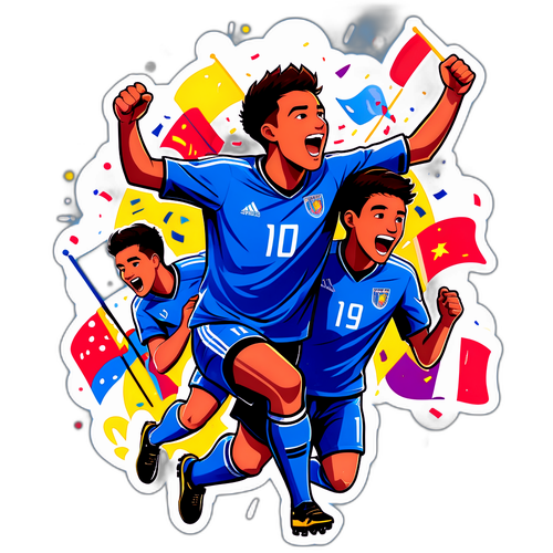 Hình ảnh vui mừng của đội U-19 với confetti và cờ