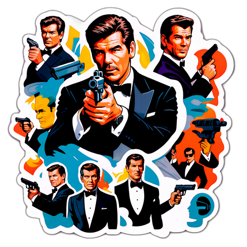 Autocolant vintage cu Pierce Brosnan în ipostaze iconice Bond
