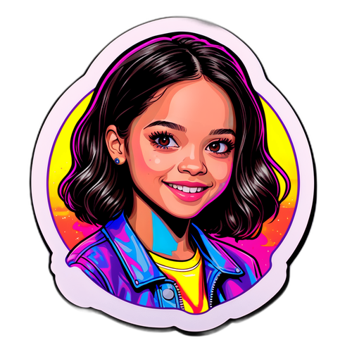 Neonowa naklejka w stylu lat 90. z wizerunkiem Jenna Ortega