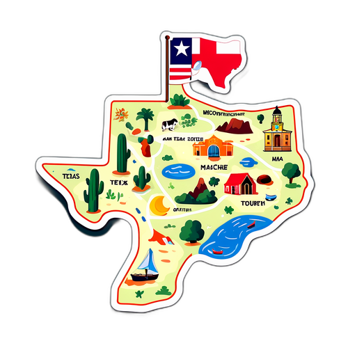 Una mappa illustrata del Texas con i luoghi preferiti di Matthew McConaughey evidenziati in uno stile cartoonesco allegro