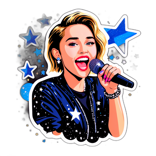 Etiqueta de Miley Cyrus con micrófono y estrellas