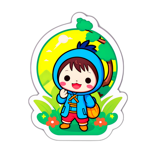 いわくらのキャラクターが自然で遊んでいるかわいいステッカー