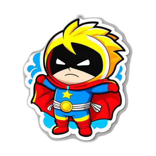 Cartoon sticker ng superhero Ruru na nakatali habang inililigtas ang araw mula sa mga ulap