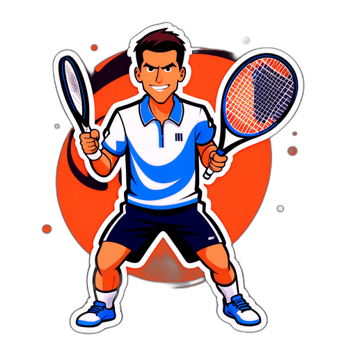 ユニークなキャラクターがノバク・ジョコビッチのテニスラケットを持って勝利のポーズをとる