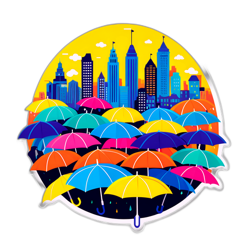 Värikäs juliste sateenvarjoista kaupungin yli