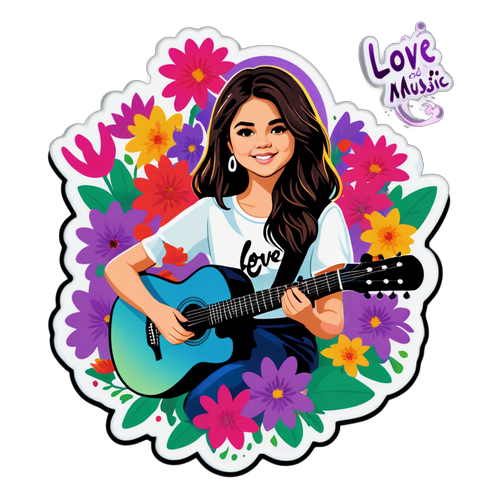 Adesivo adorabile di Selena Gomez con fiori e chitarra