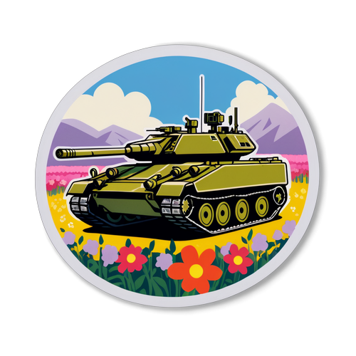 Дизайн наклейки с военной техникой на фоне полей с цветами, символизирующими мир