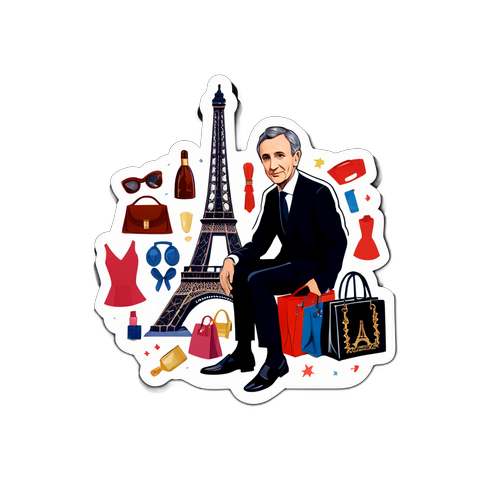 Sticker représentant Bernard Arnault avec des éléments symboliques du luxe français