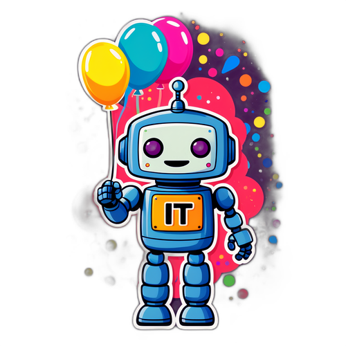 Zabawny robot w trzech kolorowych balonach