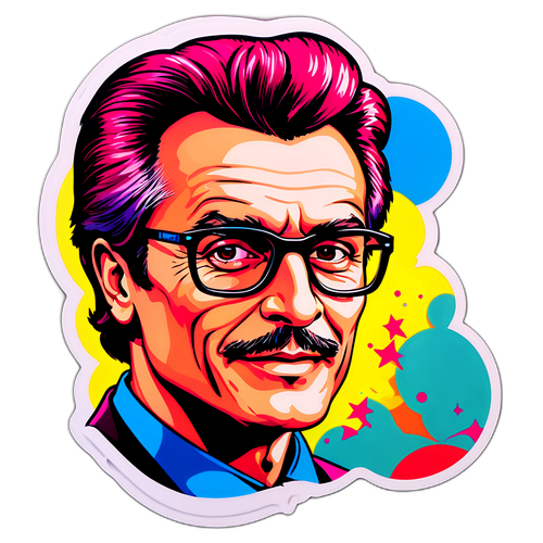 Sticker cu portretul vibrant al lui Victor Micula, în stil pop-art