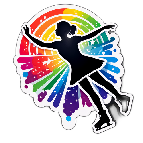 Silhouette a unui patinator pe gheață cu lumini rainbow