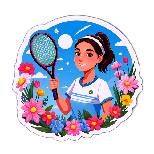 Design d'un autocollant représentant Oceane Dodin avec une raquette de tennis et une balle, entourée de fleurs printanières et d'un ciel serein.