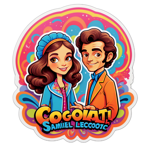 Charmante sticker met Marie Lecocq en Samuel Cogolati in 70's stijl