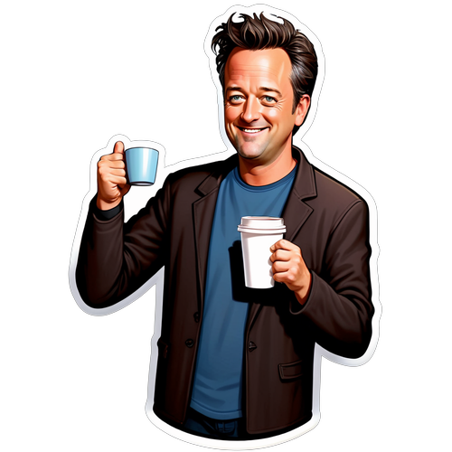 En sjarmerende karikatur av Matthew Perry med en kaffekopp