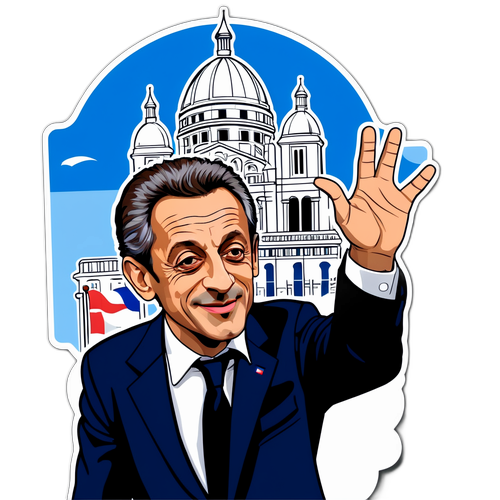 Sticker van Nicolas Sarkozy met handgebaar en Franse achtergrond