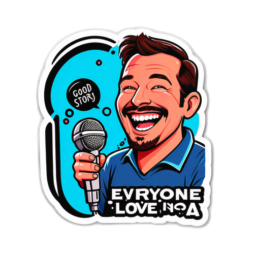 En klistermärke med Patrick Ekwall med mikrofon och skratt