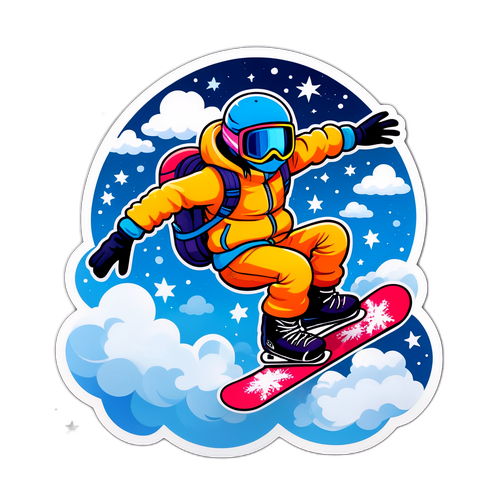 Artystyczny naklejka przedstawiająca Gubanova snowboardzącego w fluffy chmurach z gwiazdami