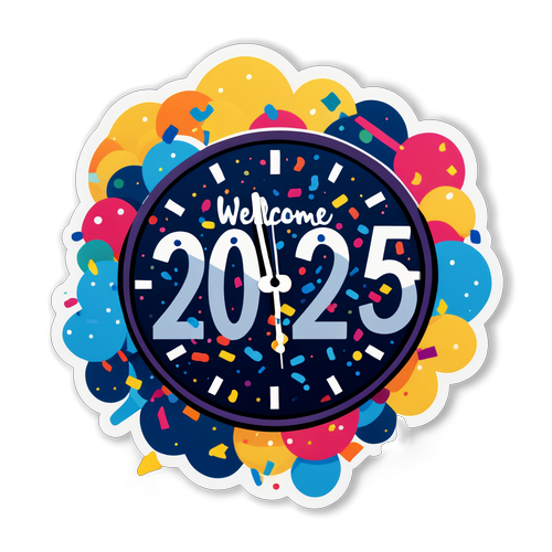 Diseño de sticker de un reloj marcando la medianoche con confeti y la frase "Bienvenido 2025"