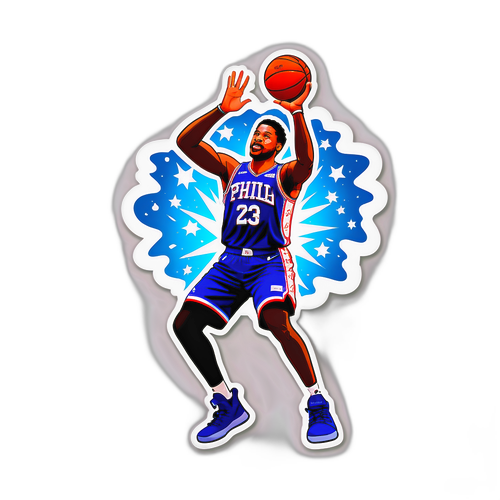 A sticker drôle d'un joueur des 76ers faisant un tir à trois points