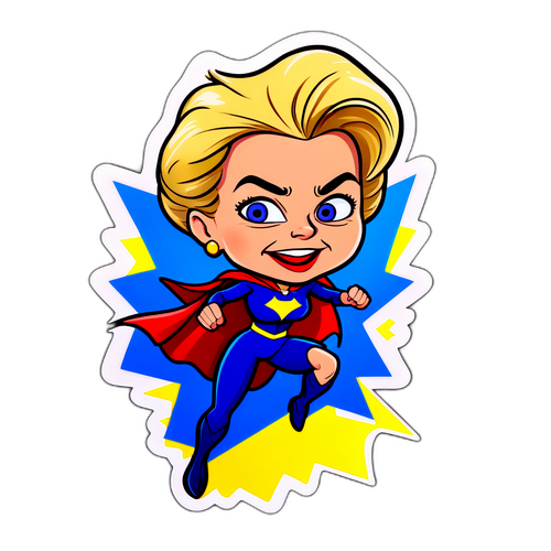Zábavná karikatura Ursula von der Leyen jako superhrdinka