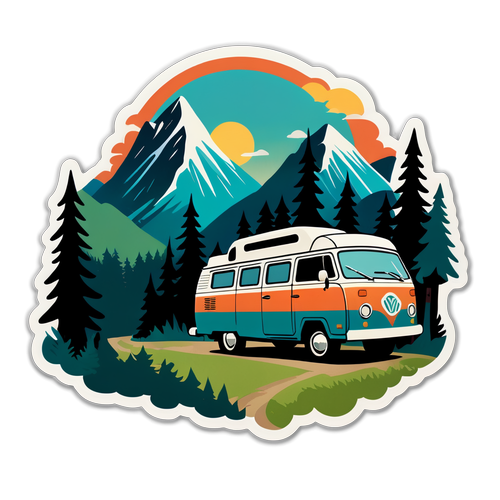 Retro Vintage Camper Van in Scenic Mountains