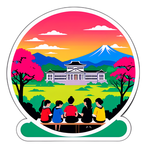 九州大学キャンパス風景で勉強する学生のイラスト