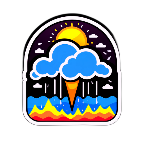 Aderente sobre a massa de ar com gráficos de temperatura e céu dividido entre sol e chuva, representando a mudança climática