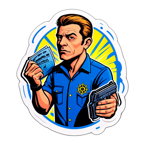Наклейка, изображающая, как Интерпол ловит преступника в стиле комиксов