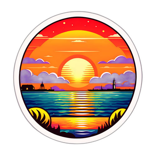 Яскрава наклейка Таганрога з заходом сонця над морем