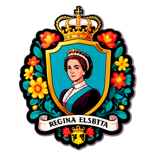 Design di un badge retro di Regina Elisabetta con accenti floreali e stemma reale