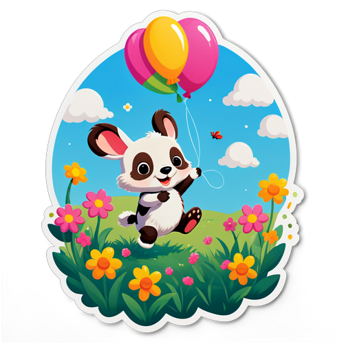 Whimsical Cartoon Animal with Balloons in Flower Field