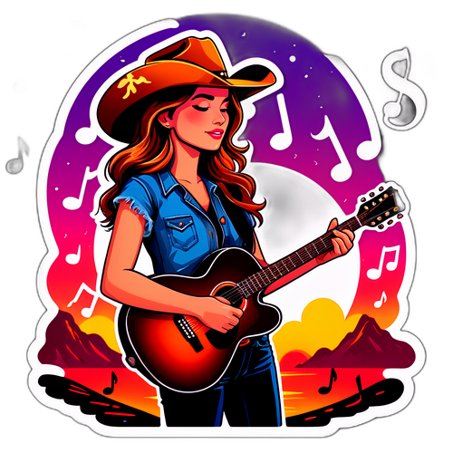 Sticker av Lainey Wilson med cowboyhatt og gitar