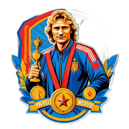 Pavel Nedvěd s historickými medailemi a trofejemi, symbol vítězství a úspěchu