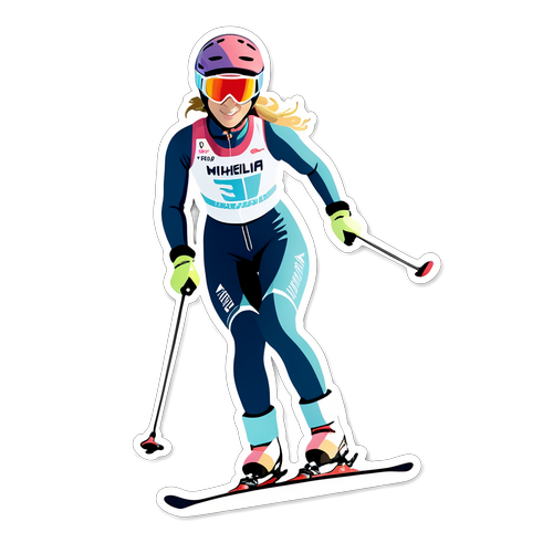 Aufkleber mit stilisiertem Bild von Mikaela Shiffrin beim Skifahren mit dem Text "Snow Heroine"