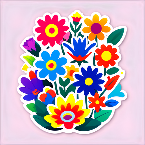Sticker cu flori colorate și simboluri din copilărie