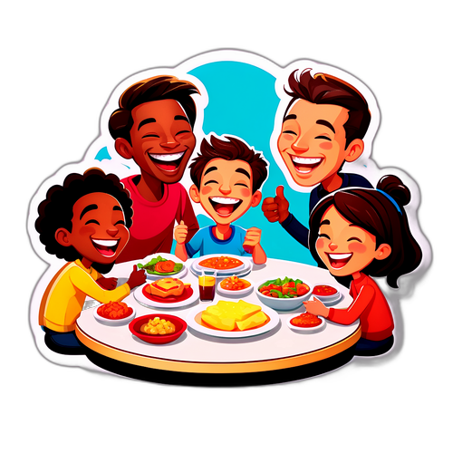 Un autocollant représentant Stephane Ravacley riant avec des amis autour d'une table remplie de plats délicieux