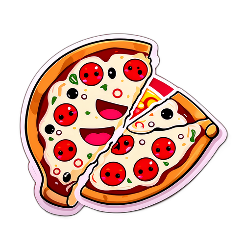 Sticker van een pizza slice met blije gezichten