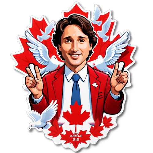 Justin Trudeau karikatúra beszédekkel a kanadai szimbólumok között