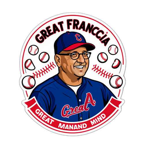 Create a fun, colorful sticker of Terry Francona with a baseball cap, surrounded by baseballs and the message 'Great Manager, Great Mind', celebrating his coaching legacy.