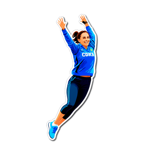 Autocolant cu Nadia Comăneci sărind peste un echilibru sportiv, simbolizând excelența în sport